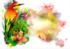L'uccello tropicale sui fiori sui precedenti di pittura multicolore spruzza illustrazione di stock L'uccello tropicale sui fiori sui precedenti di pittura multicolore spruzza illustrazione di stock