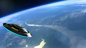 L'UFO vole au-dessus de la terre, rendu abstrait du fond 3D Images libres de droits L'UFO vole au-dessus de la terre, rendu abstrait du fond 3D Images libres de droits