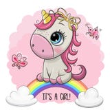L'unicorno del fumetto è sull'arcobaleno illustrazione vettoriale L'unicorno del fumetto è sull'arcobaleno illustrazione vettoriale