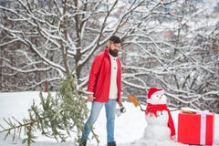 L'uomo barbuto con il pupazzo di neve sta portando l'albero di Natale nel legno Un giovane bello con l'uomo della neve porta il N fotografie stock L'uomo barbuto con il pupazzo di neve sta portando l'albero di Natale nel legno Un giovane bello con l'uomo della neve porta il N fotografie stock