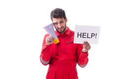 L'uomo in tute con il messaggio isolato su bianco Fotografia Stock L'uomo in tute con il messaggio isolato su bianco Fotografia Stock