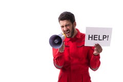 L'uomo in tute con il messaggio isolato su bianco Immagini Stock Libere da Diritti L'uomo in tute con il messaggio isolato su bianco Immagini Stock Libere da Diritti