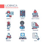 L'école moderne et la ligne mince d'éducation conçoivent des icônes, pictogrammes illustration de vecteur L'école moderne et la ligne mince d'éducation conçoivent des icônes, pictogrammes illustration de vecteur