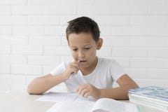 L'écolier de garçon enseigne des leçons écrivant dans le carnet et les livres de lecture photos stock L'écolier de garçon enseigne des leçons écrivant dans le carnet et les livres de lecture photos stock