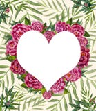 la acuarela del amor del corazón pintó rosas de las peonías de las flores en un fondo de hojas de las ramas de la palma Imagen de archivo libre de regalías la acuarela del amor del corazón pintó rosas de las peonías de las flores en un fondo de hojas de las ramas de la palma Imagen de archivo libre de regalías