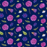 La acuarela florece el modelo inconsútil primavera Flores y hojas Fondo oscuro ilustración del vector La acuarela florece el modelo inconsútil primavera Flores y hojas Fondo oscuro ilustración del vector