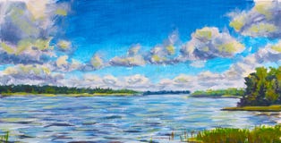 La belle rivière pourpre, grands nuages contre le ciel bleu, la rivière Green encaisse, peinture à l'huile originale de lac russe Photo libre de droits La belle rivière pourpre, grands nuages contre le ciel bleu, la rivière Green encaisse, peinture à l'huile originale de lac russe Photo libre de droits