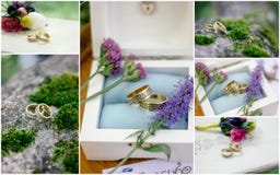 La boda detalla el collage - anillos, flores, ramos Foto de archivo La boda detalla el collage - anillos, flores, ramos Foto de archivo