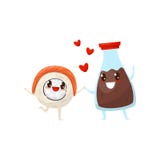 La botella del rollo de sushi y de la salsa de soja es amigos para siempre, ejemplo divertido lindo del vector de los personajes stock de ilustración La botella del rollo de sushi y de la salsa de soja es amigos para siempre, ejemplo divertido lindo del vector de los personajes stock de ilustración
