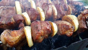 La carne di maiale di kebab ha arrostito sulla nutrizione all'aperto tradizionale gastronomica dell'ingrediente del fumo della gr stock footage La carne di maiale di kebab ha arrostito sulla nutrizione all'aperto tradizionale gastronomica dell'ingrediente del fumo della gr stock footage