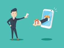 La carte de crédit heureuse d'utilisation d'homme d'affaires à l'achat en ligne et reçoivent un boîte-cadeau du téléphone intelli illustration de vecteur La carte de crédit heureuse d'utilisation d'homme d'affaires à l'achat en ligne et reçoivent un boîte-cadeau du téléphone intelli illustration de vecteur
