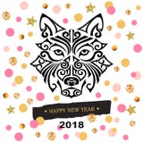 La carte de la nouvelle année 2018 avec le ` s de chien noir ou la tête du ` s de loup a stylisé le tatouage maori de visage illustration stock La carte de la nouvelle année 2018 avec le ` s de chien noir ou la tête du ` s de loup a stylisé le tatouage maori de visage illustration stock