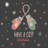 La carte de vintage de Noël avec avec les mitaines tirées par la main et le texte 'ont Noël confortable' illustration libre de droits La carte de vintage de Noël avec avec les mitaines tirées par la main et le texte 'ont Noël confortable' illustration libre de droits
