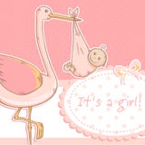 Carte mignonne d'annonce de bébé avec la cigogne et l'enfant illustration libre de droits Carte mignonne d'annonce de bébé avec la cigogne et l'enfant illustration libre de droits