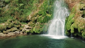 La cascada escénica que fluía sobre musgo cubrió rocas almacen de video La cascada escénica que fluía sobre musgo cubrió rocas almacen de video