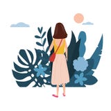 La chica joven en una camiseta amarilla va alrededor su negocio La flora del fondo florece las hojas florales Plano del dise?o de stock de ilustración La chica joven en una camiseta amarilla va alrededor su negocio La flora del fondo florece las hojas florales Plano del dise?o de stock de ilustración