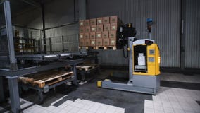 La cámara cranes para arriba en estantes de las cajas de cartón dentro de un almacén de almacenamiento metrajes La cámara cranes para arriba en estantes de las cajas de cartón dentro de un almacén de almacenamiento metrajes