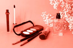 La disposition avec la couleur de corail de parfum de cosmétiques et de femmes photo libre de droits La disposition avec la couleur de corail de parfum de cosmétiques et de femmes photo libre de droits