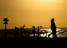 La donna e le bici profilano al tramonto fotografia stock libera da diritti La donna e le bici profilano al tramonto fotografia stock libera da diritti