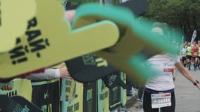 La femme joyeuse donne des fives de taille à la foule encourageante sur des mains de mousse au marathon clips vidéos La femme joyeuse donne des fives de taille à la foule encourageante sur des mains de mousse au marathon clips vidéos