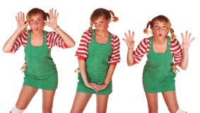 La fille blonde mignonne avec des taches de rousseur et les émotions verdissent photographie stock La fille blonde mignonne avec des taches de rousseur et les émotions verdissent photographie stock