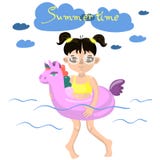La fille nage avec une image gonflable de vecteur de licorne illustration libre de droits La fille nage avec une image gonflable de vecteur de licorne illustration libre de droits