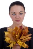 La fille tenant l'érable orange d'automne part sur le blanc photo stock La fille tenant l'érable orange d'automne part sur le blanc photo stock