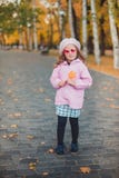 La fille élégante d'enfant 5-6 ans portant le manteau rose à la mode en automne se garent regarder l'appareil-photo Saison d'auto photo stock La fille élégante d'enfant 5-6 ans portant le manteau rose à la mode en automne se garent regarder l'appareil-photo Saison d'auto photo stock
