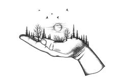 La foresta è situata su una mano umana illustrazione di stock La foresta è situata su una mano umana illustrazione di stock