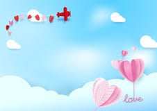 La forma di carta del cuore di stile di arte balloons il volo in cielo con l'aeroplano royalty illustrazione gratis La forma di carta del cuore di stile di arte balloons il volo in cielo con l'aeroplano royalty illustrazione gratis