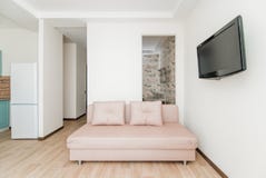 La foto della stanza luminosa con un sofà e la TV immagini stock libere da diritti La foto della stanza luminosa con un sofà e la TV immagini stock libere da diritti