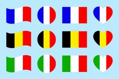 La Francia, Italia, Belgio inbandiera le icone Illustrazione di vettore Forme geometriche piane Bandiere francesi, italiane, belg illustrazione di stock La Francia, Italia, Belgio inbandiera le icone Illustrazione di vettore Forme geometriche piane Bandiere francesi, italiane, belg illustrazione di stock