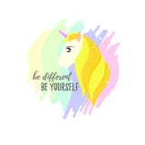 La frase inspirada sea diferente - sea usted mismo, jefe de un unicornio de oro Pelo del caballo del oro En el fondo del stock de ilustración La frase inspirada sea diferente - sea usted mismo, jefe de un unicornio de oro Pelo del caballo del oro En el fondo del stock de ilustración