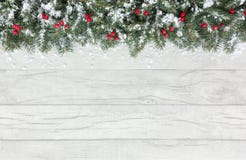La frontière de Noël avec la neige a couvert les baies et le sapin rouges Photographie stock libre de droits La frontière de Noël avec la neige a couvert les baies et le sapin rouges Photographie stock libre de droits
