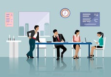 La gente che parla e che lavora nell'ufficio Personale intorno alla tavola che lavora con la compressa del computer portatile Sal illustrazione vettoriale La gente che parla e che lavora nell'ufficio Personale intorno alla tavola che lavora con la compressa del computer portatile Sal illustrazione vettoriale
