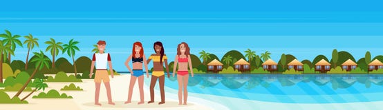 La gente de la raza de la mezcla en la isla tropical con el hotel de la casa de planta baja del chalet en las palmas del verde de libre illustration La gente de la raza de la mezcla en la isla tropical con el hotel de la casa de planta baja del chalet en las palmas del verde de libre illustration