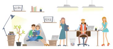 La gente que trabaja en la oficina o el centro coworking El jefe se está sentando en la tabla detrás del ordenador portátil Vecto libre illustration La gente que trabaja en la oficina o el centro coworking El jefe se está sentando en la tabla detrás del ordenador portátil Vecto libre illustration