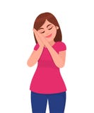 La giovane donna che sta e sogno stanco di sonno con i suoi occhi si è chiusa Donne che fingono di dormire e che fanno gesto illustrazione vettoriale La giovane donna che sta e sogno stanco di sonno con i suoi occhi si è chiusa Donne che fingono di dormire e che fanno gesto illustrazione vettoriale