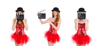 La hada joven con clapperboard aislada en blanco imágenes de archivo libres de regalías La hada joven con clapperboard aislada en blanco imágenes de archivo libres de regalías
