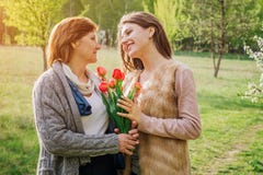 La hija le da tulipanes mayores de la madre Presente del día del ` s de la madre Valores familiares imágenes de archivo libres de regalías La hija le da tulipanes mayores de la madre Presente del día del ` s de la madre Valores familiares imágenes de archivo libres de regalías