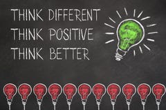 La idea del bulbo de la tiza en una pizarra con el texto piensa diferente, positivo y mejor libre illustration La idea del bulbo de la tiza en una pizarra con el texto piensa diferente, positivo y mejor libre illustration