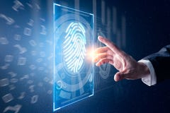 La imagen abstracta del hombre de negocios utiliza una exploraci?n del pulgar cubierta con el holograma futurista el concepto de imagenes de archivo La imagen abstracta del hombre de negocios utiliza una exploraci?n del pulgar cubierta con el holograma futurista el concepto de imagenes de archivo