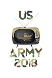 La inscripción original de la fuente del Ejército de los EE. UU. en camuflaje con los E.E.U.U. traza y TV vieja Ejemplo plano EPS ilustración del vector La inscripción original de la fuente del Ejército de los EE. UU. en camuflaje con los E.E.U.U. traza y TV vieja Ejemplo plano EPS ilustración del vector