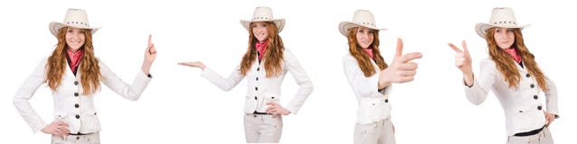 La jeune cow-girl visante d'isolement sur le blanc Image libre de droits La jeune cow-girl visante d'isolement sur le blanc Image libre de droits