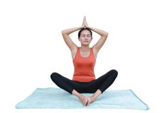 La jeune femme asiatique faisant le yoga s'exerce sur le fond blanc photographie stock La jeune femme asiatique faisant le yoga s'exerce sur le fond blanc photographie stock