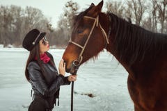 La jeune femme se tient près d'un cheval image libre de droits La jeune femme se tient près d'un cheval image libre de droits