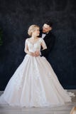 La jeune mari?e dans une robe magnifique, blanche, l'?pousant avec un long train images libres de droits La jeune mari?e dans une robe magnifique, blanche, l'?pousant avec un long train images libres de droits