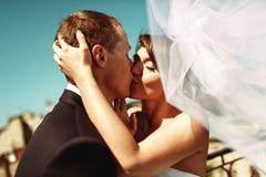 La jeune mariée renversante embrasse un marié tenant son offre principale photo libre de droits La jeune mariée renversante embrasse un marié tenant son offre principale photo libre de droits