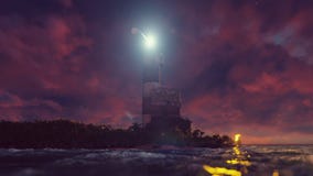 La lumière du phare tourne au-dessus de la côte au coucher du soleil rendu 3d illustration de vecteur La lumière du phare tourne au-dessus de la côte au coucher du soleil rendu 3d illustration de vecteur