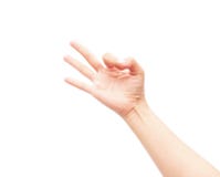 La main de femme montre l'ok de signe et de symbole sur le fond blanc photos libres de droits La main de femme montre l'ok de signe et de symbole sur le fond blanc photos libres de droits